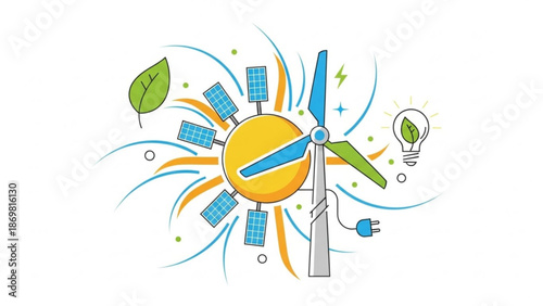 Renewable energy concept with solar panels and wind turbine generating sustainable power