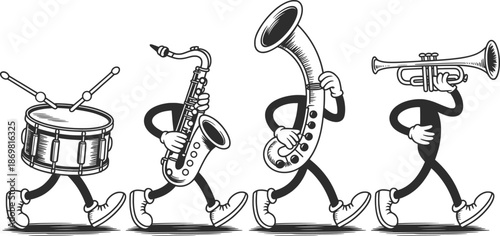 Marching Band Instruments Cartoon Illustration, Vintage Black and White Music Art.