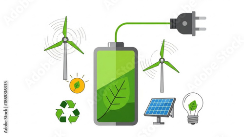 Eco friendly renewable energy sources powering a green battery with wind turbines solar panel and light bulb