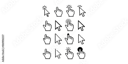Pixelated mouse pointer arrow and hand cursor icons for web design interface elements