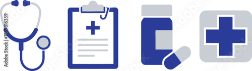Clean blue medical icon set featuring a professional stethoscope, a clinical clipboard report, a pharmaceutical medicine bottle with pill, and a medical cross. Essential vector graphics for healthcare