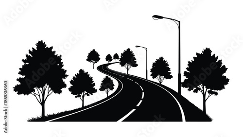 A winding road framed by silhouetted trees and streetlights at dusk