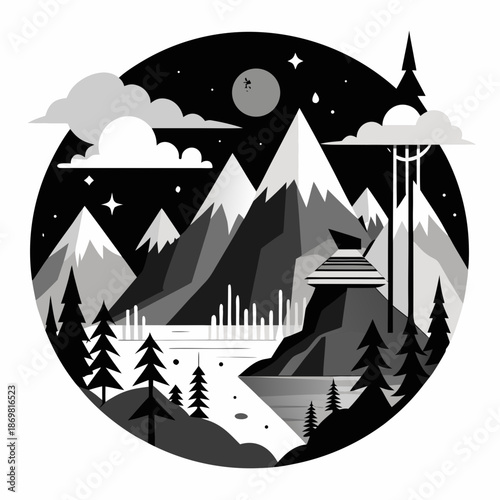 Title: A stylized of a mountainous landscape with a full moon and stars in a circular frame