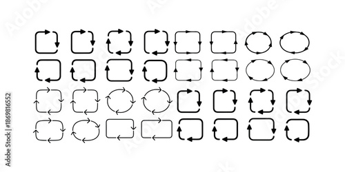 Set of rotation and refresh icons with rounded squares and circles arrows for interface
