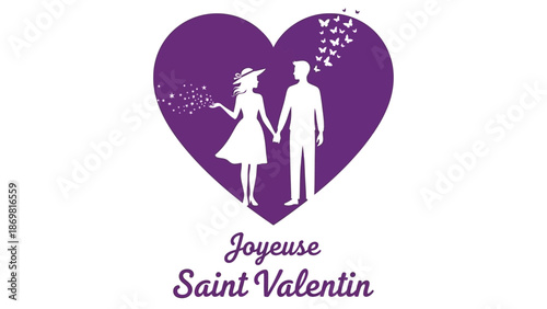 Couple holding hands inside a heart shape surrounded by flying petals on valentines day celebration