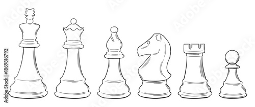 Chess pieces line art set. Hand drawn king, queen, bishop, knight, rook, pawn. Retor engraving game elements.
