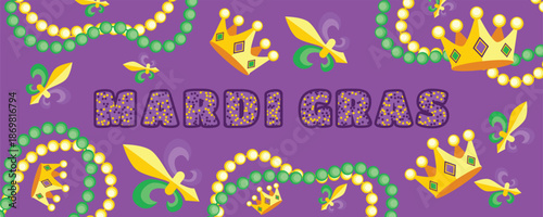 Purple Mardi Gras Festival Banner with Beads, Crowns and Jester Symbol, Classic Carnival Celebration