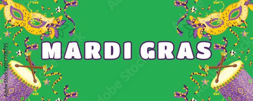 Green Mardi Gras Carnival Banner with Feather Masks, Drums and Confetti, Energetic Festival Background
