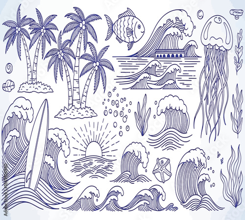 A vintage blue and white illustration of tropical scenes and ocean elements