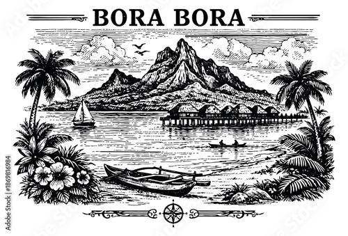 Vintage hand drawn line art illustration of Bora Bora landscape depicting overwater bungalows, palm trees, and a sailboat for travel and tourism