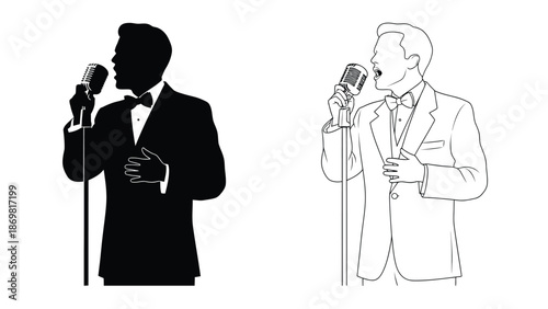 Two male singers in suits performing with vintage microphones black and white
