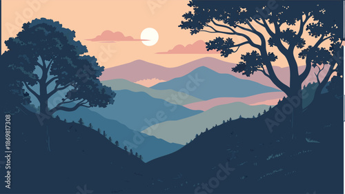 A tranquil layered landscape illustration featuring mountains and silhouettes at sunrise or sunset