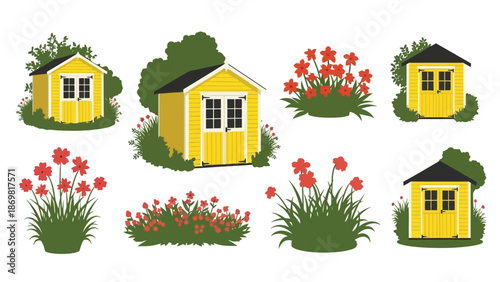 Colorful garden sheds and vibrant red poppy flower arrangements illustration