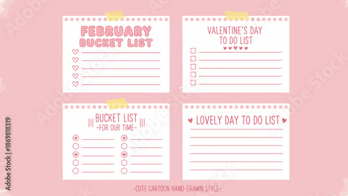 Four illustrated notepads with bucket lists and to-do lists on a pink background