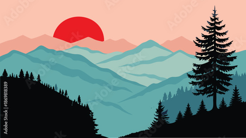 Stylized natural landscape illustration depicting mountains and a large sun rising or setting over the horizon