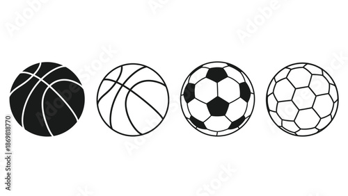 A row of four different sports balls basketball volleyball soccer and football