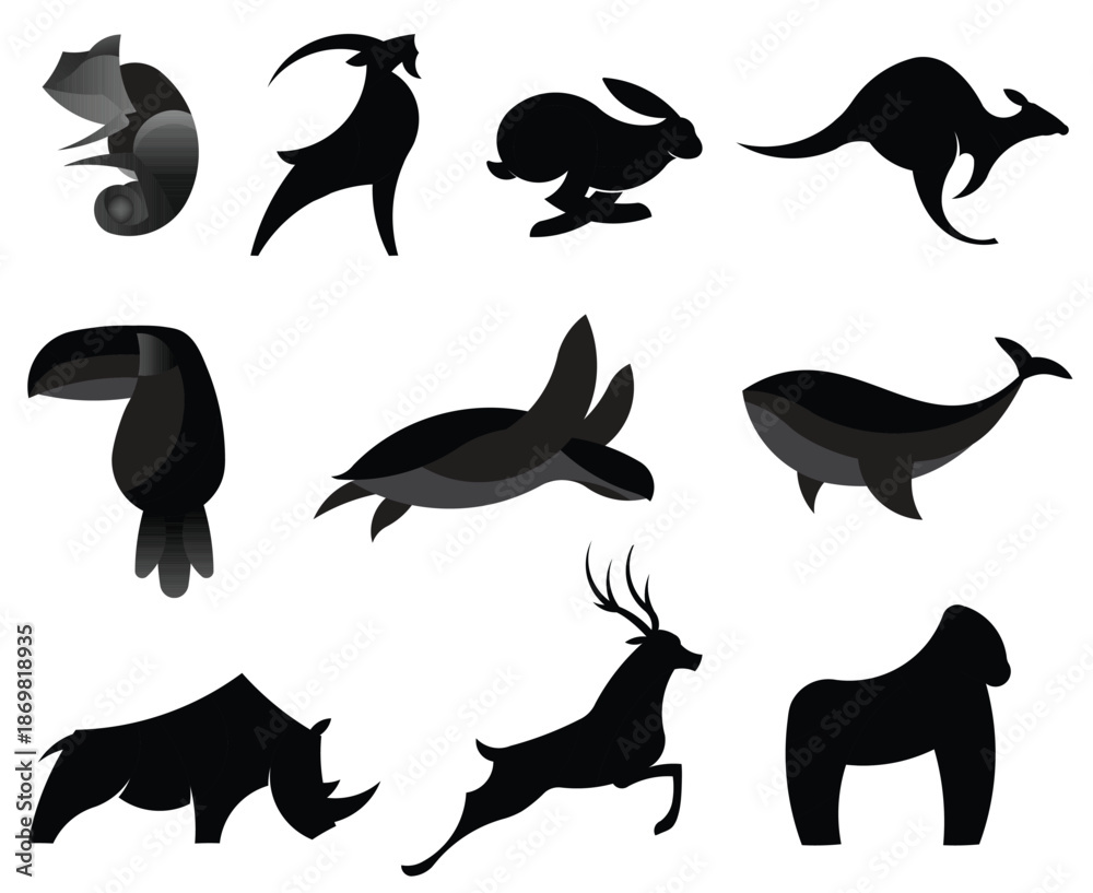 Obraz premium Black animal silhouette logo collection, minimalist wildlife vector icon set
