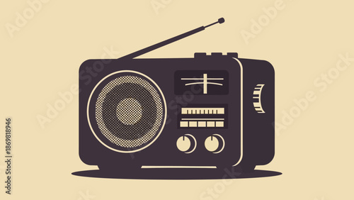 Detailed Retro Radio Receiver Illustration on Beige Studio Background, Vintage Audio Device