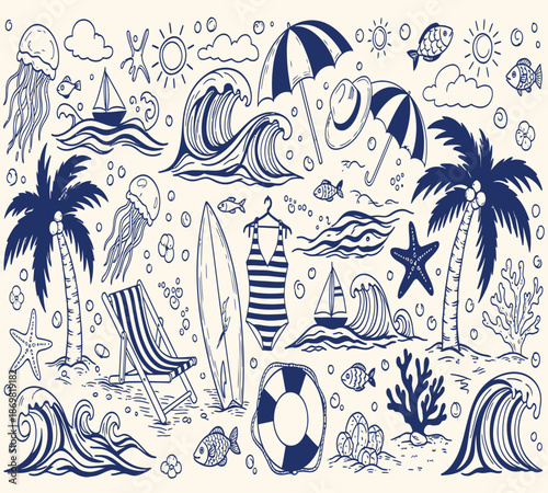 A charming blue and white illustration depicting a summery seaside scene