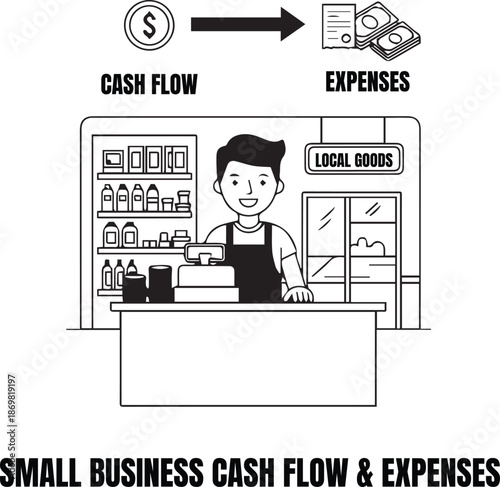 Black and White Illustration of Small Business and Cash Flow