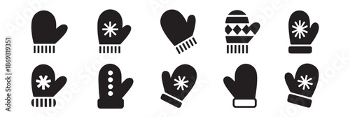 Collection of Winter Mittens in Simple Style for Christmas Season Holidays Warm Cold Weather Vector Illustration for Apparel Pattern and Decoration in Black