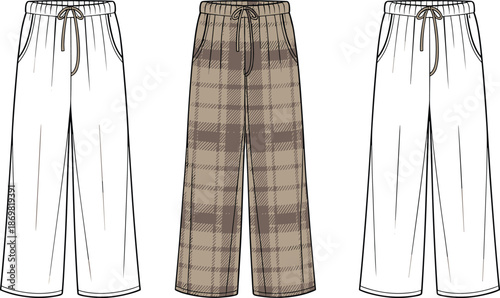 Plaid and plain lounge pants front view, drawstring waist, relaxed fit, fashion flat sketch, apparel vector design template