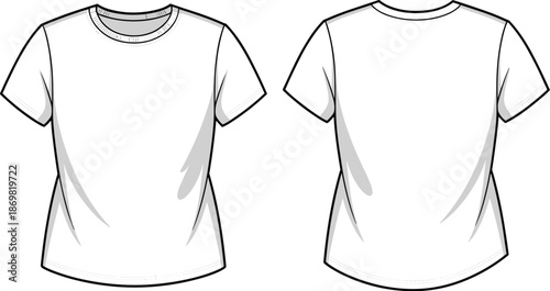 Realistic white t-shirt front and back view, blank apparel mockup, fashion design template, vector sketch, cad drawing flat vector illustration