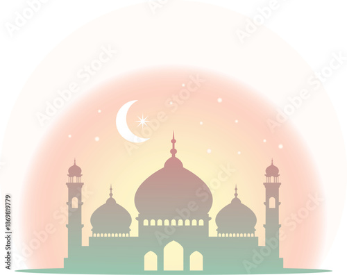 Mosque Silhouette with Crescent Moon – Islamic Ramadan Night Vector Illustration