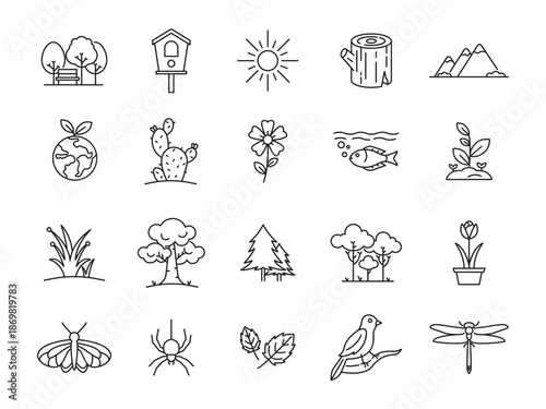 Black and White Line Drawings of Nature Elements and Animals.