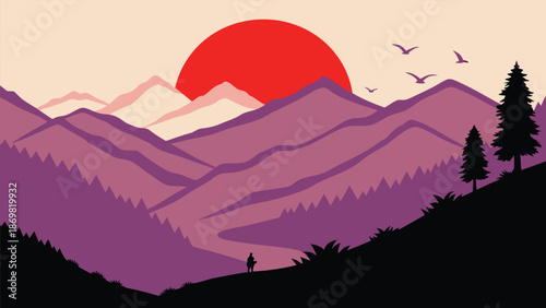 A minimalist vector illustration of a serene mountain landscape during a beautiful purple sunset or sunrise