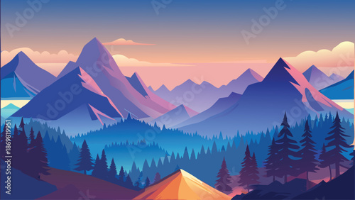Vibrant gradient mountains and pine forest at twilight with a glowing campsite in a stylized digital art scene