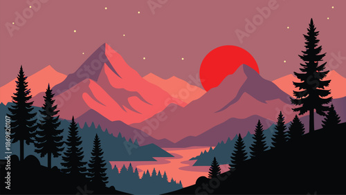 Minimalist vector art of a tranquil mountain range during a beautiful sunset, featuring a large red sun and silhouetted pine trees