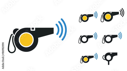 Illustrations of a yellow and black whistle with sound waves emitting