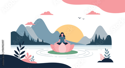 Woman meditating in a large pink lotus flower on a lake at sunset with mountains in the background and a calm atmosphere.