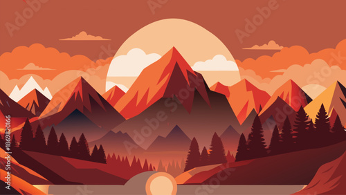 A minimalist flat design landscape illustration of a dramatic sunset over layered mountains and reflective water