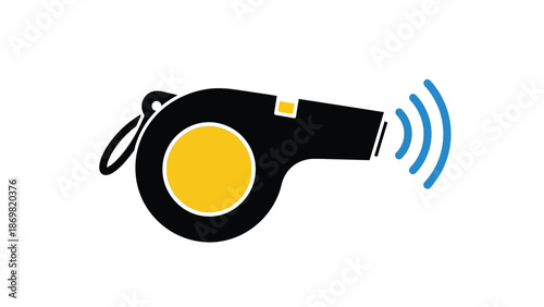 A black and yellow whistle illustration with sound waves emanating from it