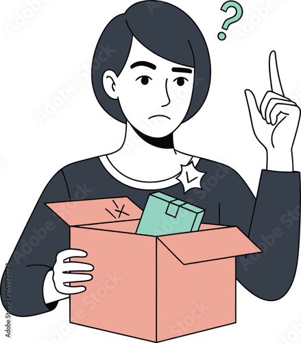 Confused woman holding open box with question mark
