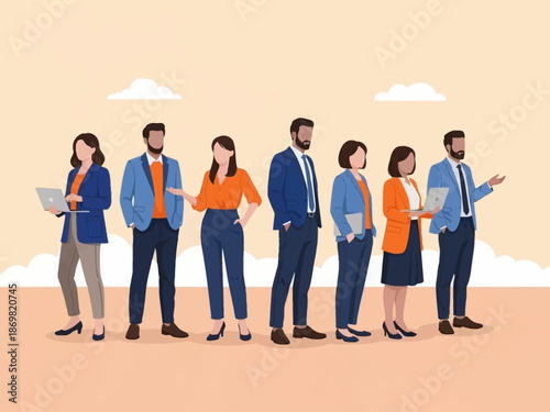 A group of business people standing in a line, looking professional and engaged in various activities