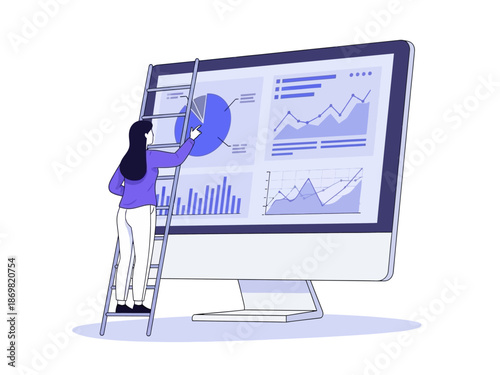 A person standing on a ladder, adjusting a graph on a large computer monitor