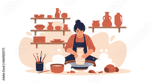 Focused female potter working on a ceramic vase using a traditional wheel in her professional studio with shelves of pottery.