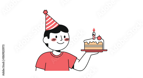 Happy young boy wearing a red striped party hat and holding a delicious slice of birthday cake with a single lit candle.