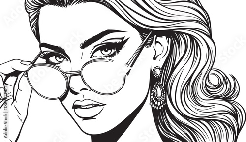 Stylish woman with bold makeup and wavy hair peering intently over her trendy glasses