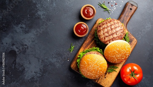 Wallpaper Mural A serving board with barbecued hamburgers. top-down perspective with copy space on a dark slate background. Torontodigital.ca