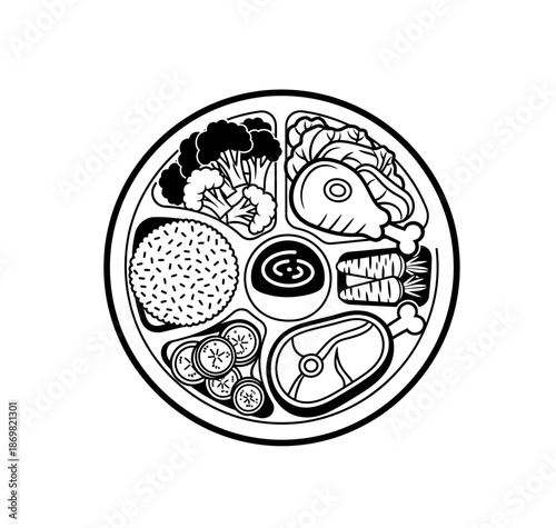 Black and white illustration of a balanced meal on a partitioned plate with various food items Vector