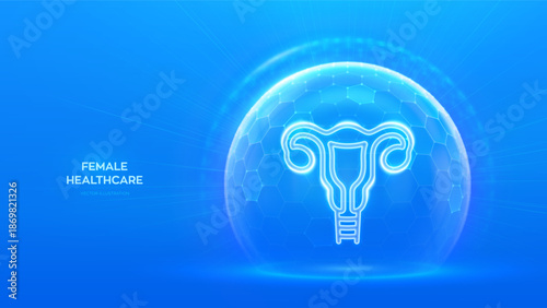 Female healthcare, reproductive services and fertility. Woman health and gynecology concept. Female reproductive system icon inside protection sphere shield with hexagon pattern. Vector illustration.