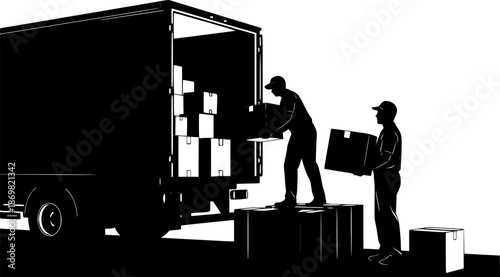 Silhouette of two movers loading boxes into a delivery truck for transportation and relocation service
