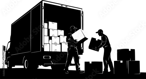 Silhouette of two movers loading boxes into a delivery truck for transportation and relocation service
