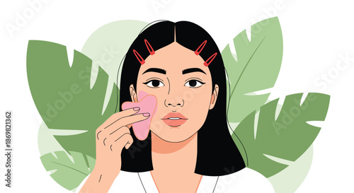 Beautiful woman performing a facial massage using a pink gua sha tool for skin care against a background of tropical leaves.