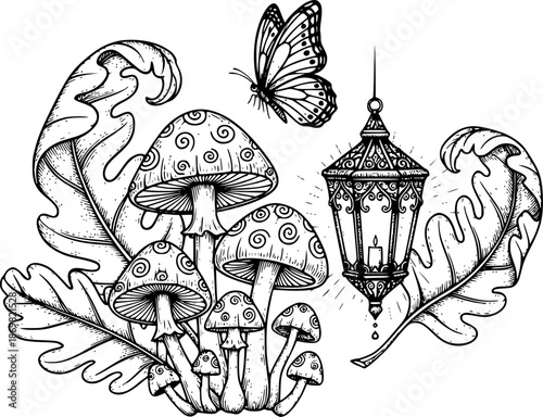 Enchanted forest elements in vintage engraving style: mushrooms, lantern, oak leaves, and butterfly
