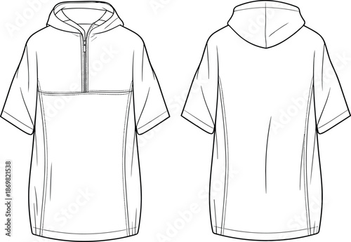 Short sleeve hooded pullover, technical flat sketch, half-zip front, relaxed fit, panel seams, fashion design, garment illustration, apparel template